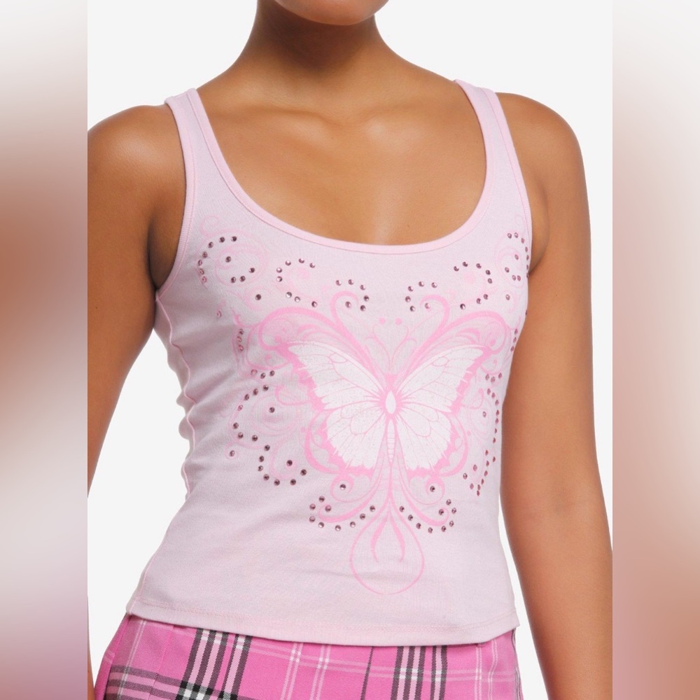 Hot Topic Sweet Society Pink Butterfly Rhinestone Girls Racerback Tank Top 2X
